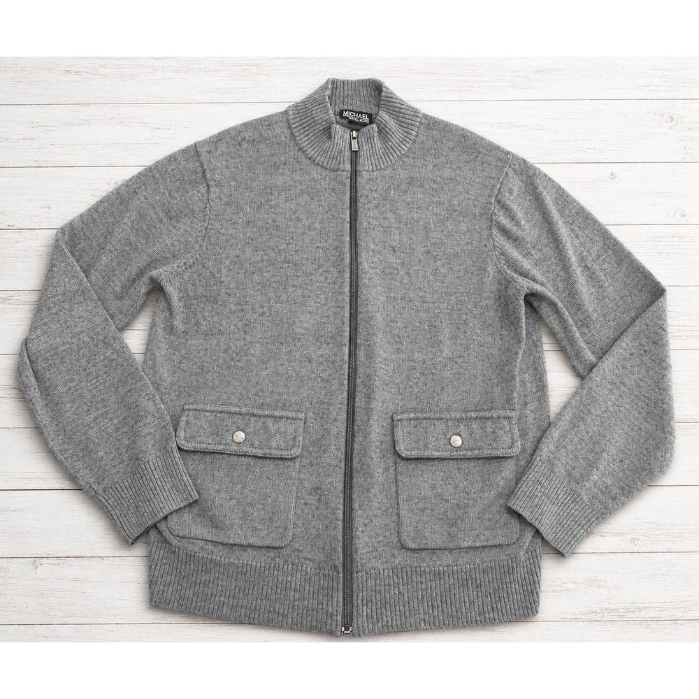 Michael Kors Full Zip Mock Neck Sweater Gray Wool Blend Flap Pockets Layer Large